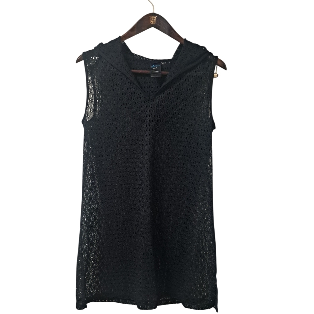 Catalina Black Hooded Swim Cover Up Tunic Size M 8–10 Sleeveless Mesh NWT